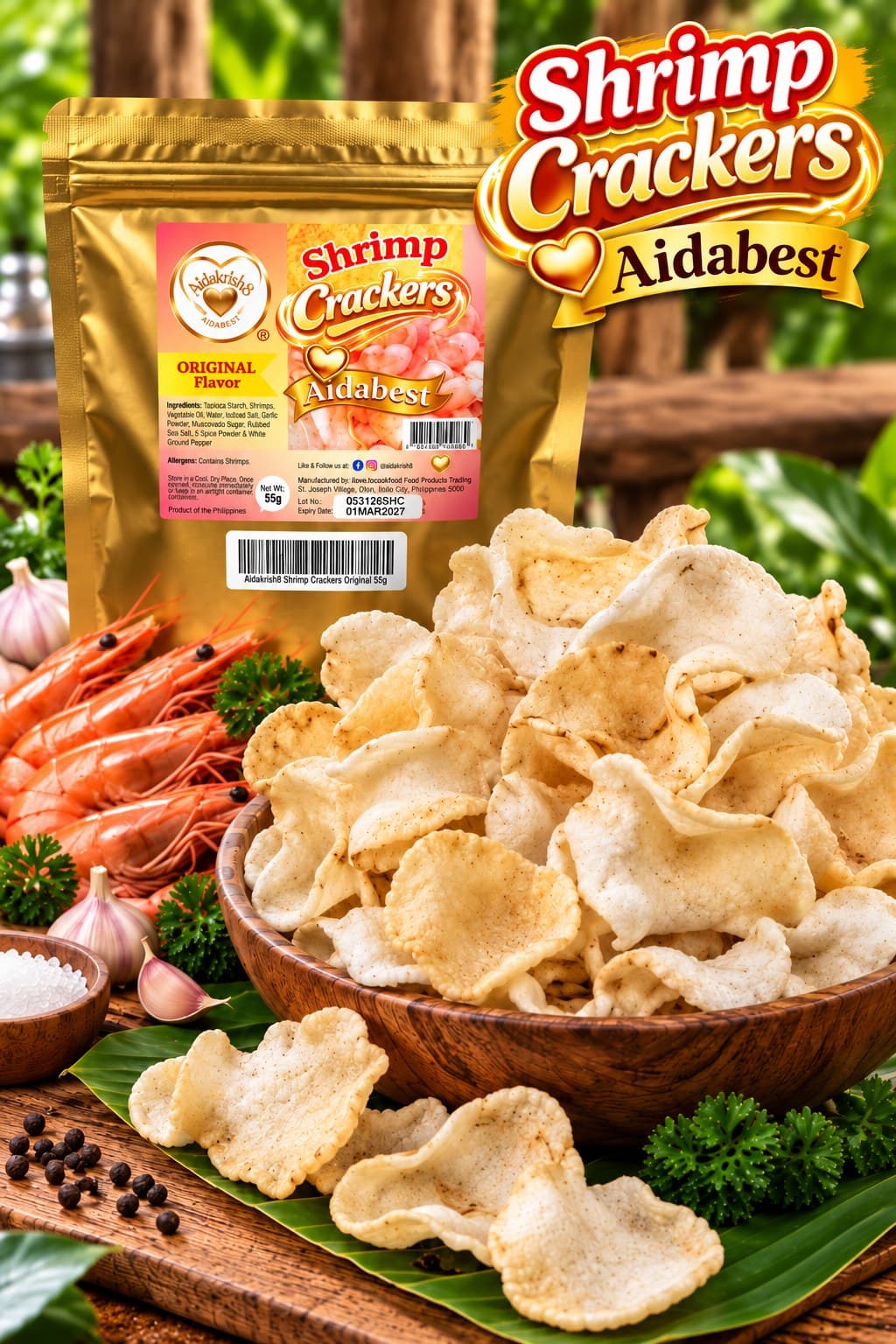 Aidabest shrimp crackers in a wooden bowl with gold pouch, prawns, garlic, and banana leaf