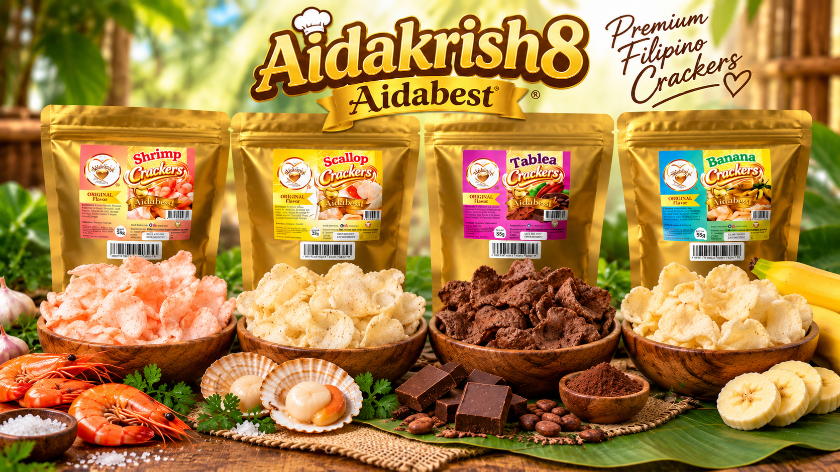 Four Aidakrish8 Aidabest gold pouches lined with bowls of shrimp, scallop, tablea, and banana crackers