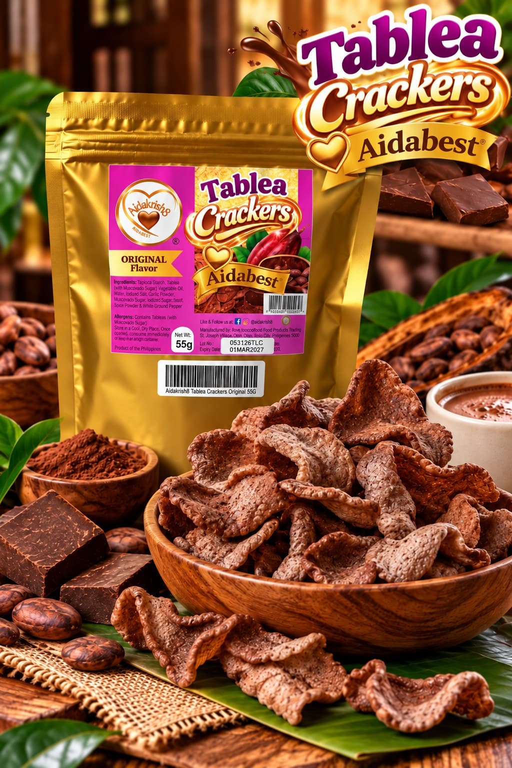 Aidabest tablea chocolate crackers with cacao beans, chocolate, and gold pouch